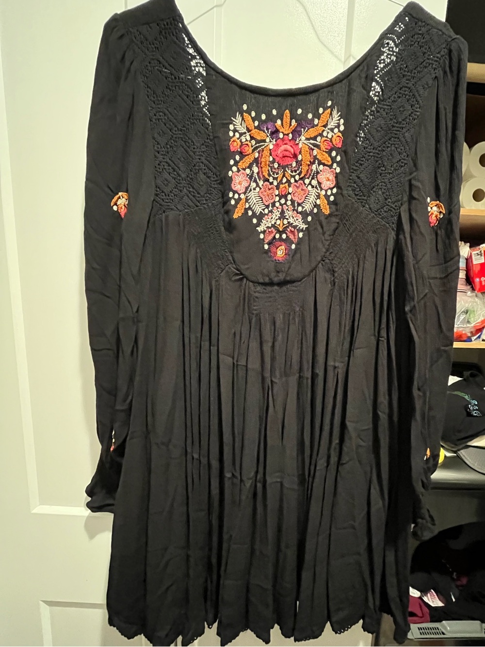 Free People Black Mohave Floral Embroidered Minidress Size L